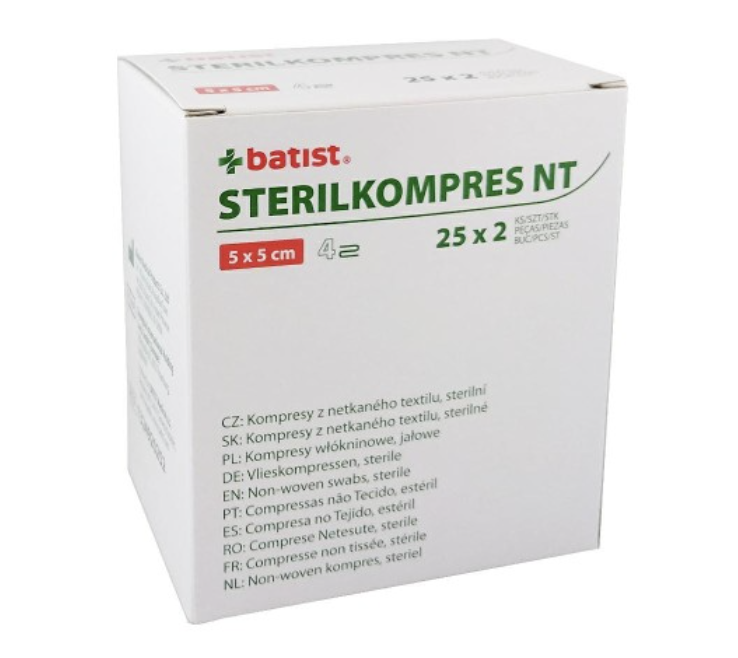 Kompresy BATIST STERILKOMPRES NT 5x5cm włókninowe sterylne 4-w (25 x 2szt.) PUDEŁKO